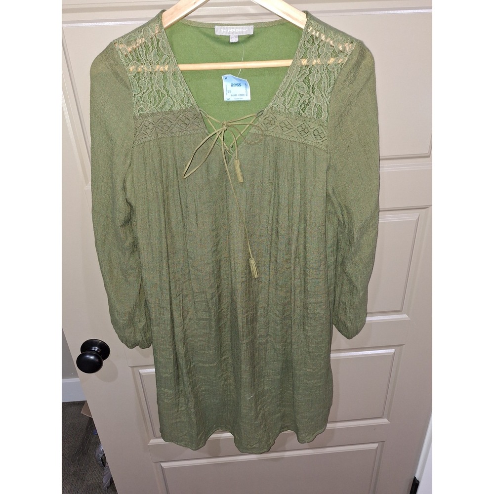 Purple Snow WOMENS Bohemian Midi Tunic Dress Olive Green L Long Sleeve NWT